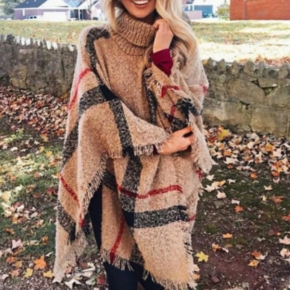 Cozy Red Turtleneck Plaid Frayed Hem Poncho - Picture 2 of 13